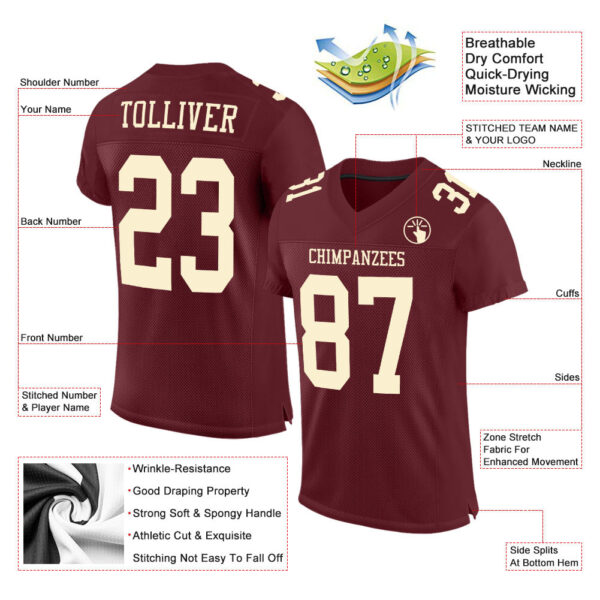 Custom Burgundy Cream Mesh Authentic Football Jersey - Image 2