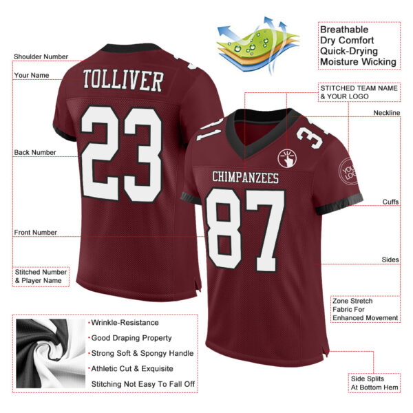 Custom Burgundy White-Black Mesh Authentic Football Jersey - Image 2