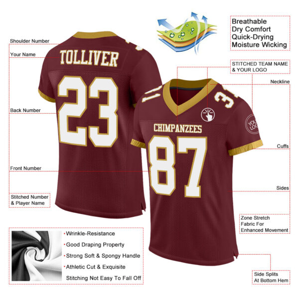 Custom Burgundy White-Old Gold Mesh Authentic Football Jersey - Image 3