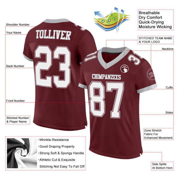 Custom Burgundy White-Gray Mesh Authentic Football Jersey - Image 2