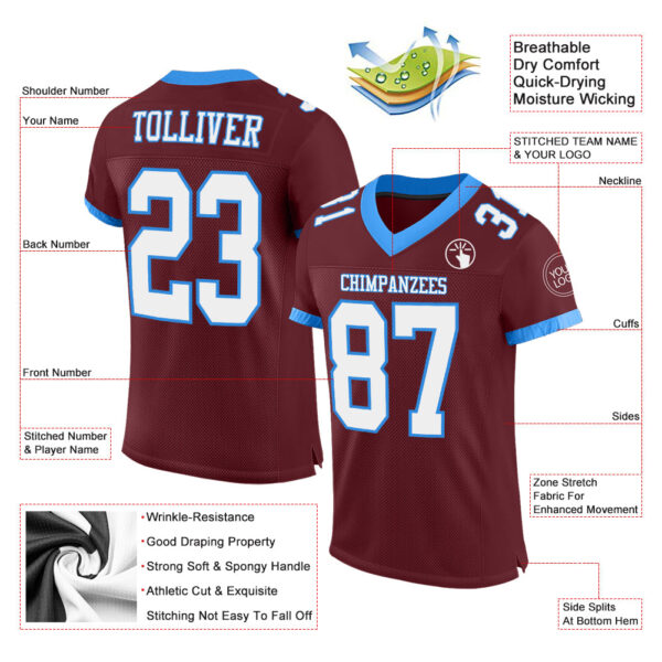 Custom Burgundy White-Powder Blue Mesh Authentic Football Jersey - Image 2