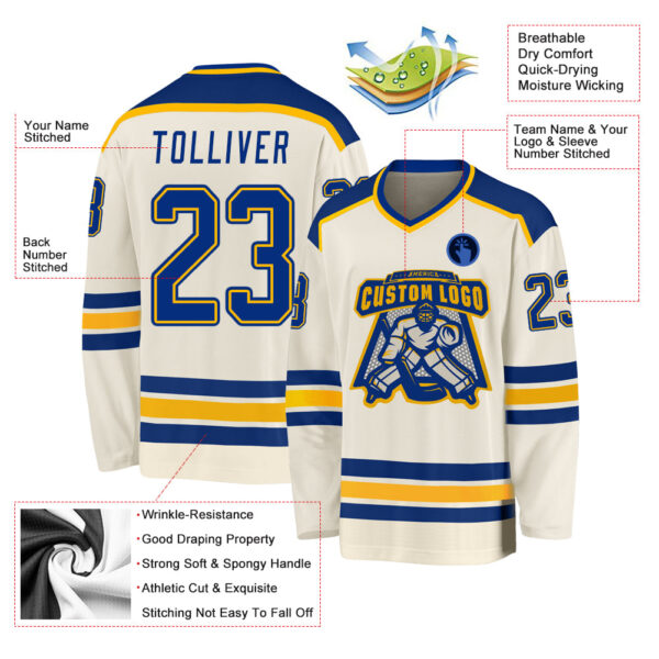 Custom Cream Royal-Gold Hockey Jersey - Image 3