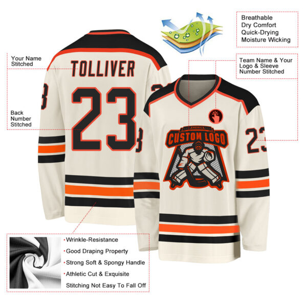 Custom Cream Black-Orange Hockey Jersey - Image 3