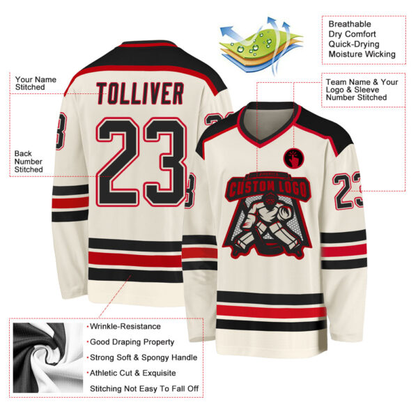 Custom Cream Black-Red Hockey Jersey - Image 3