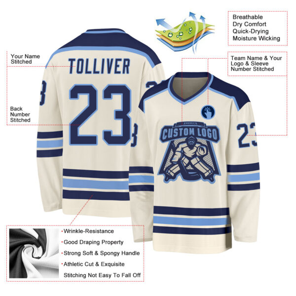 Custom Cream Navy-Light Blue Hockey Jersey - Image 3
