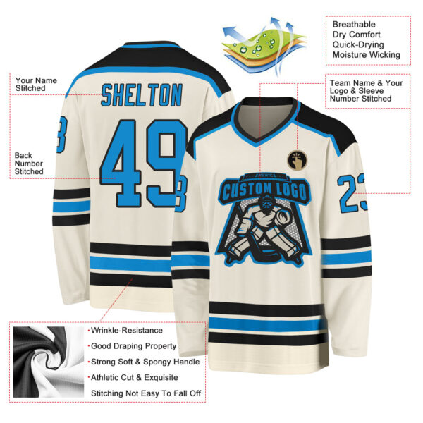 Custom Cream Blue-Black Hockey Jersey - Image 3