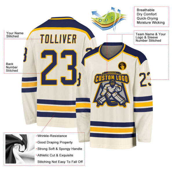 Custom Cream Navy-Gold Hockey Jersey - Image 3