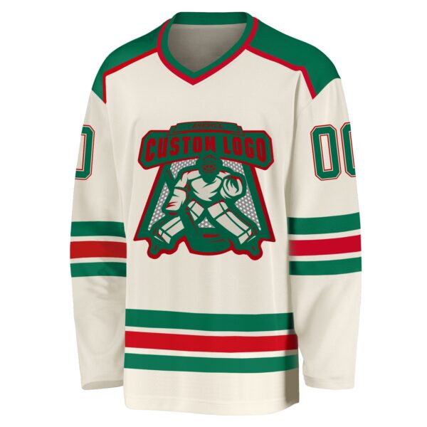 Custom Cream Kelly Green-Red Hockey Jersey - Image 2