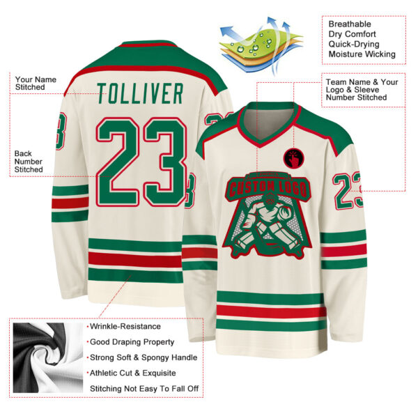 Custom Cream Kelly Green-Red Hockey Jersey - Image 3