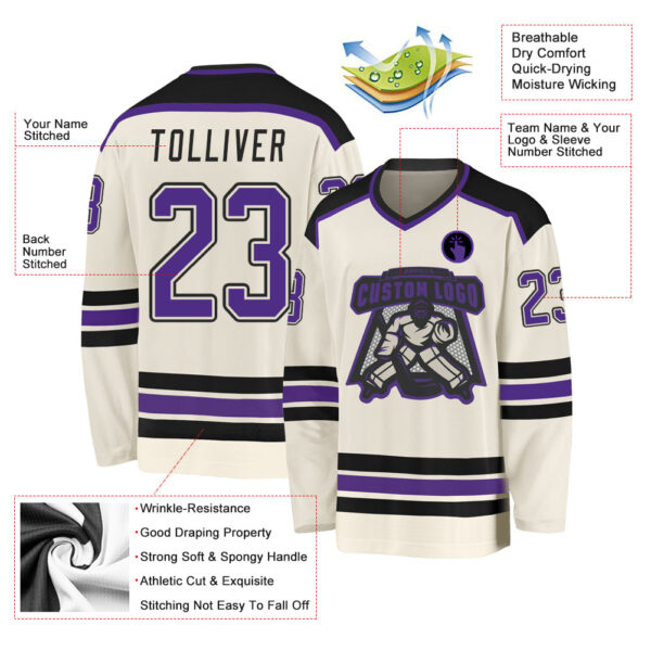 Custom Cream Purple-Black Hockey Jersey - Image 3
