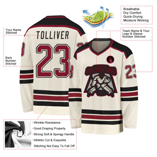 Custom Cream Crimson-Black Hockey Jersey - Image 3