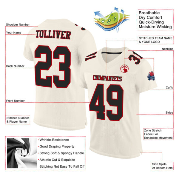 Custom Cream Black-Red Mesh Authentic Football Jersey - Image 2