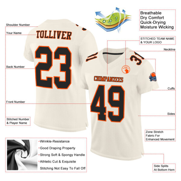 Custom Cream Black-Orange Mesh Authentic Football Jersey - Image 2