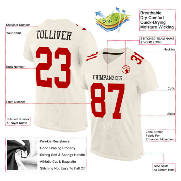 Custom Cream Red Mesh Authentic Football Jersey - Image 2
