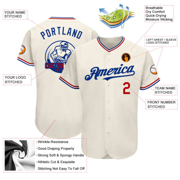 Custom Cream Red-Royal Authentic Baseball Jersey - Image 3