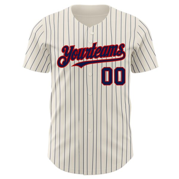 Custom Cream Navy Pinstripe Red Authentic Baseball Jersey - Image 2