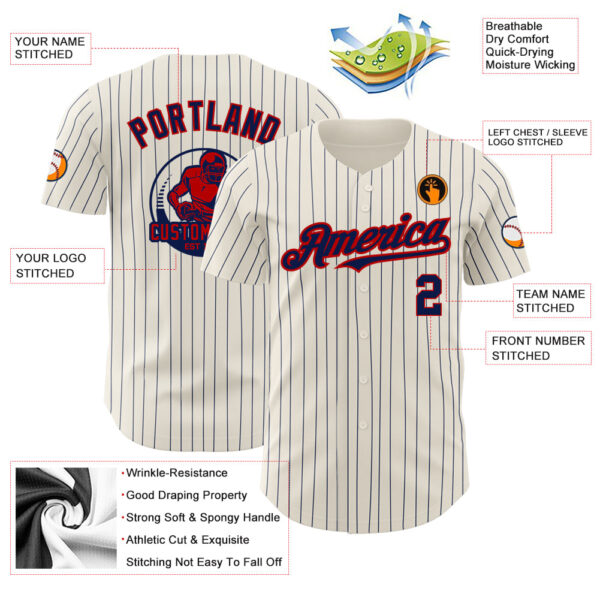 Custom Cream Navy Pinstripe Red Authentic Baseball Jersey - Image 3
