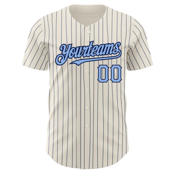 Custom Cream Navy Pinstripe Light Blue Authentic Baseball Jersey - Image 2