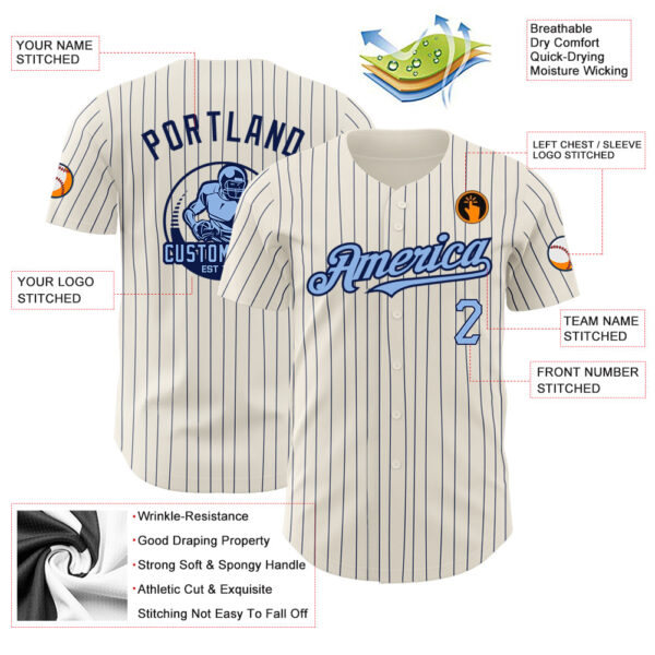 Custom Cream Navy Pinstripe Light Blue Authentic Baseball Jersey - Image 3