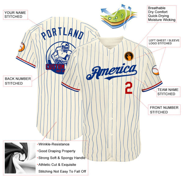 Custom Cream Royal Pinstripe Red-White Authentic Baseball Jersey - Image 3
