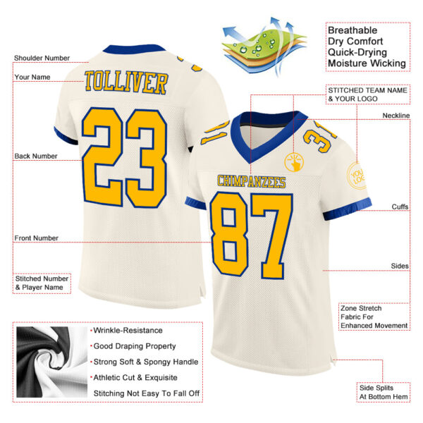 Custom Cream Gold-Royal Mesh Authentic Football Jersey - Image 2