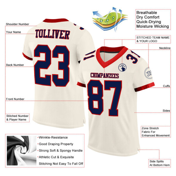 Custom Cream Navy-Red Mesh Authentic Football Jersey - Image 2