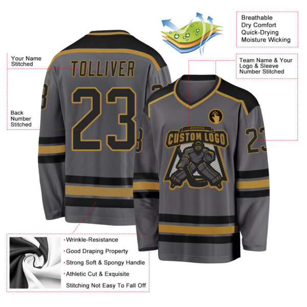 Custom Steel Gray Black-Old Gold Hockey Jersey - Image 3