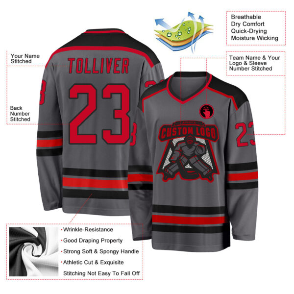 Custom Steel Gray Red-Black Hockey Jersey - Image 3