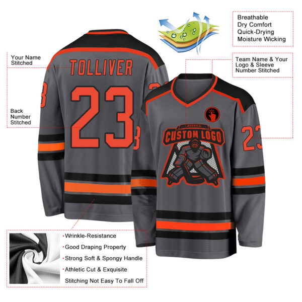 Custom Steel Gray Orange-Black Hockey Jersey - Image 3