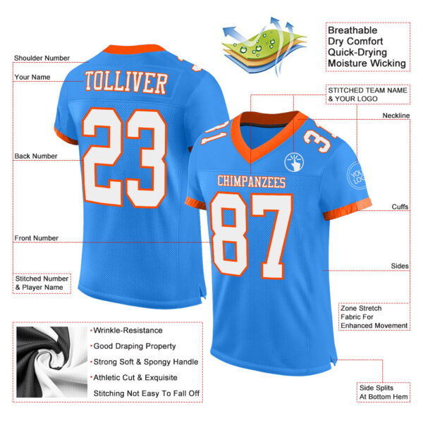 Custom Powder Blue White-Orange Mesh Authentic Football Jersey - Image 2