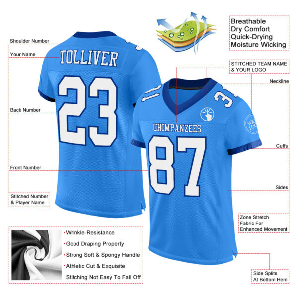 Custom Powder Blue White-Royal Mesh Authentic Football Jersey - Image 2