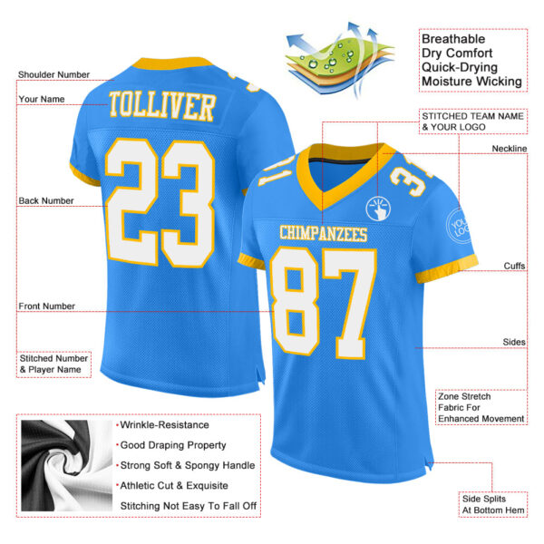 Custom Powder Blue White-Gold Mesh Authentic Football Jersey - Image 2