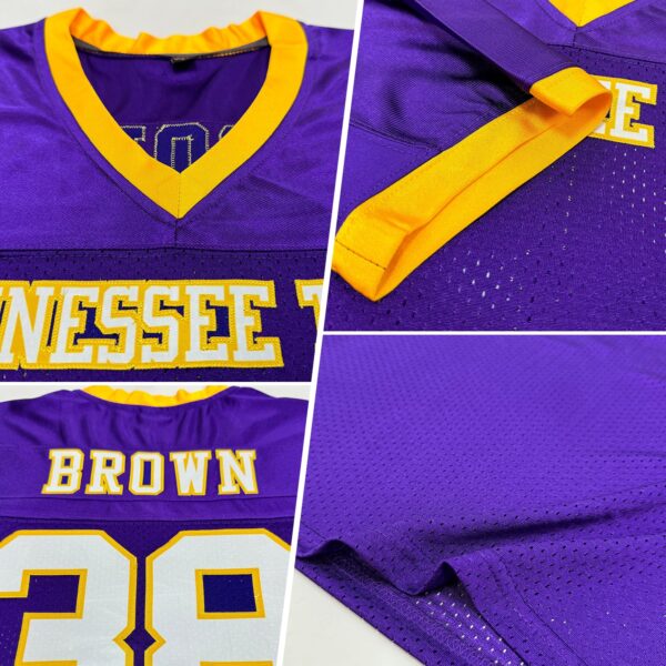 Custom Purple White-Gold Mesh Authentic Football Jersey - Image 2