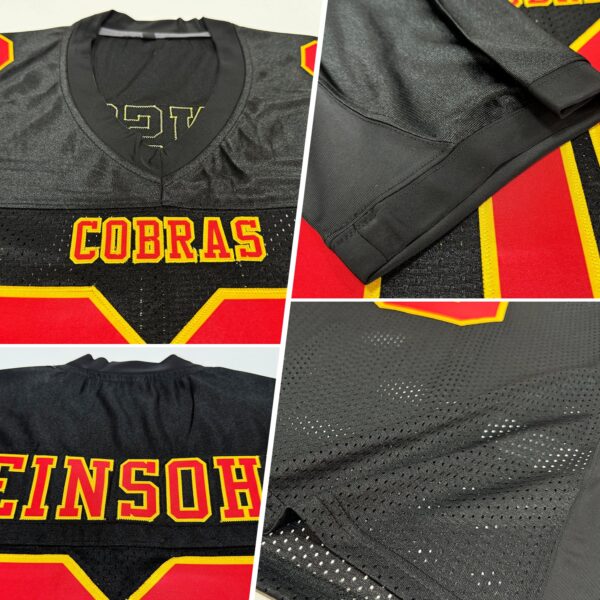 Custom Black Red-Gold Mesh Authentic Football Jersey - Image 2