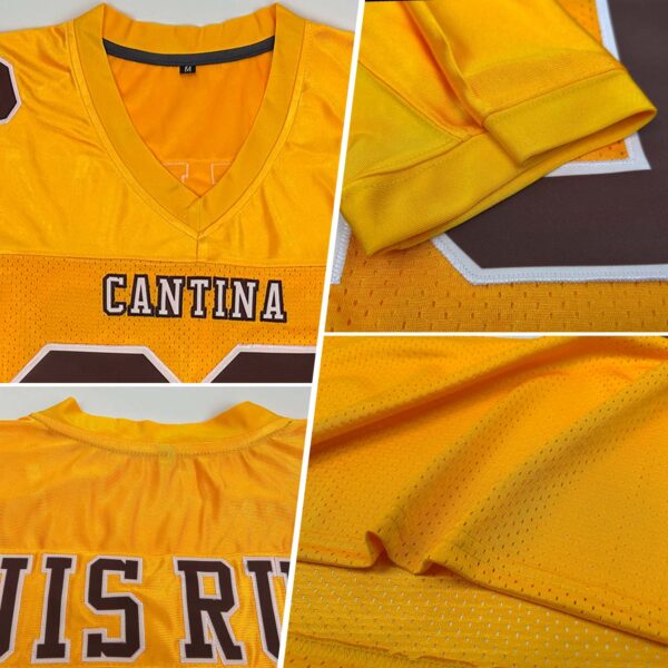 Custom Gold Brown-White Mesh Authentic Football Jersey - Image 2