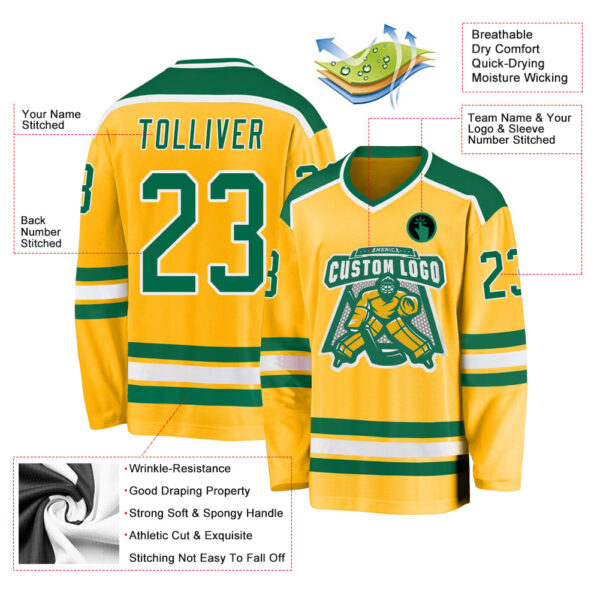 Custom Gold Kelly Green-White Hockey Jersey - Image 3