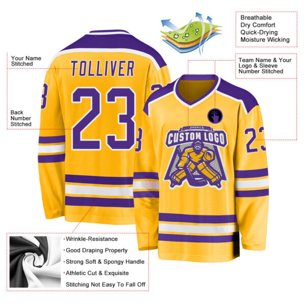 Custom Gold Purple-White Hockey Jersey - Image 3
