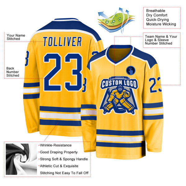 Custom Gold Royal-White Hockey Jersey - Image 3