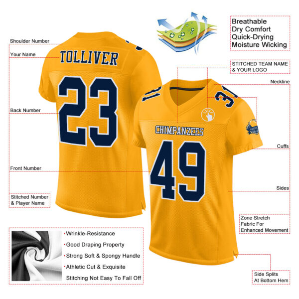 Custom Gold Navy-White Mesh Authentic Football Jersey - Image 2