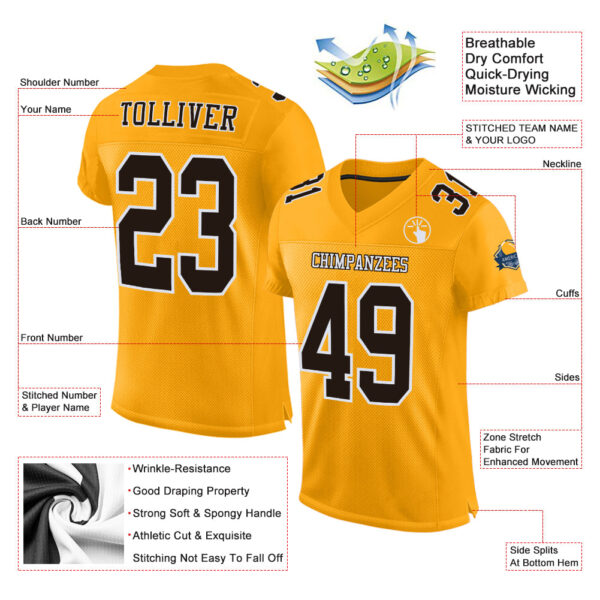 Custom Gold Brown-White Mesh Authentic Football Jersey - Image 3