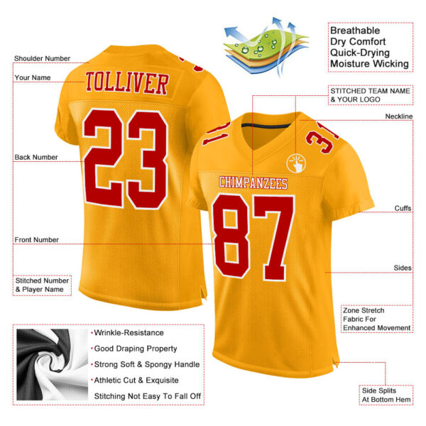 Custom Gold Red-White Mesh Authentic Football Jersey - Image 2