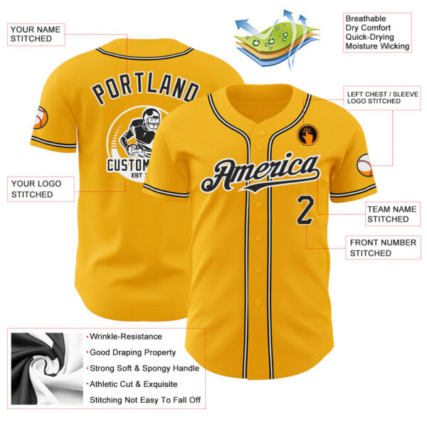 Custom Gold Black-White Authentic Baseball Jersey - Image 3