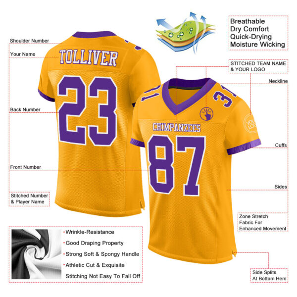 Custom Gold Purple-White Mesh Authentic Football Jersey - Image 2
