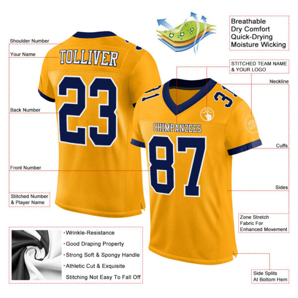Custom Gold Navy-White Mesh Authentic Football Jersey - Image 2