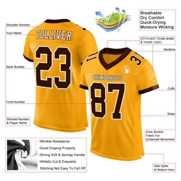 Custom Gold Brown-White Mesh Authentic Football Jersey - Image 2