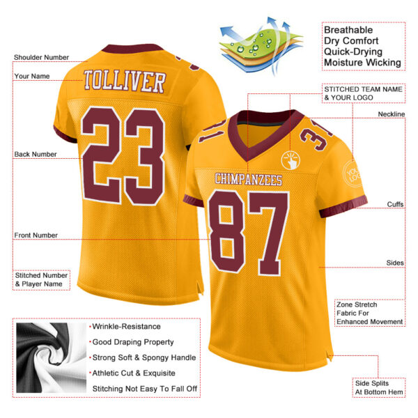 Custom Gold Burgundy-White Mesh Authentic Football Jersey - Image 2