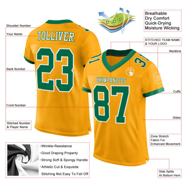 Custom Gold Kelly Green-White Mesh Authentic Football Jersey - Image 2