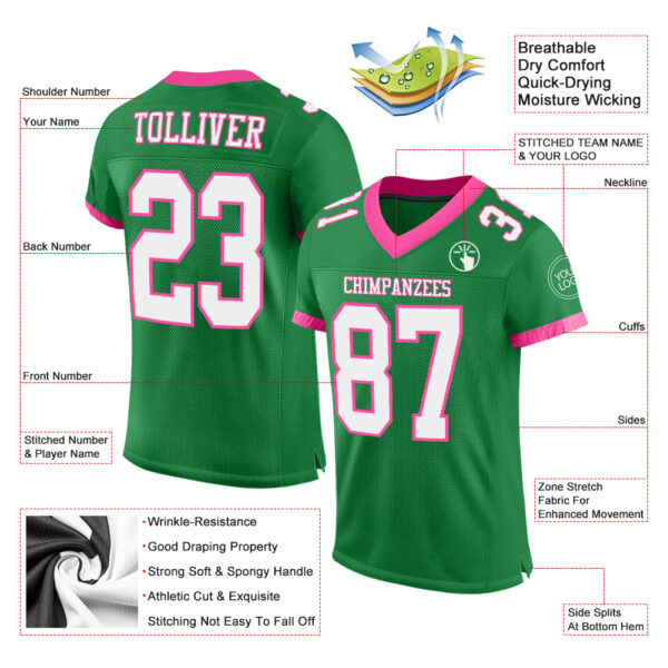Custom Grass Green White-Pink Mesh Authentic Football Jersey - Image 2