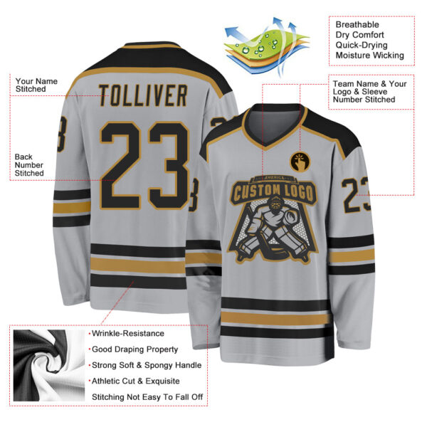 Custom Gray Black-Old Gold Hockey Jersey - Image 3