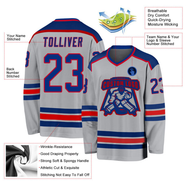 Custom Gray Royal-Red Hockey Jersey - Image 3